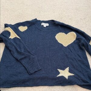Wildfox Navy Sweater with Cream Heart & Star Motifs